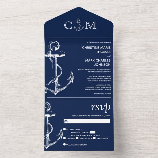Nautical Anchor Navy Blue Wedding All In One Uitnodiging (Binnen)