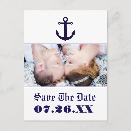 Nautical Anchor Navy Blue Wedding Photo Briefkaart (Voorkant)