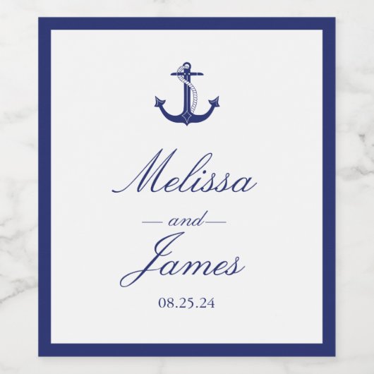 Nautical Anchor Navy Blue Wedding Wijn Etiket (Enkel label)
