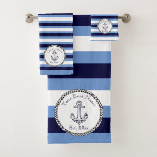 Nautical Anchor Navy Blue Wedgwood White gestript Bad Handdoek