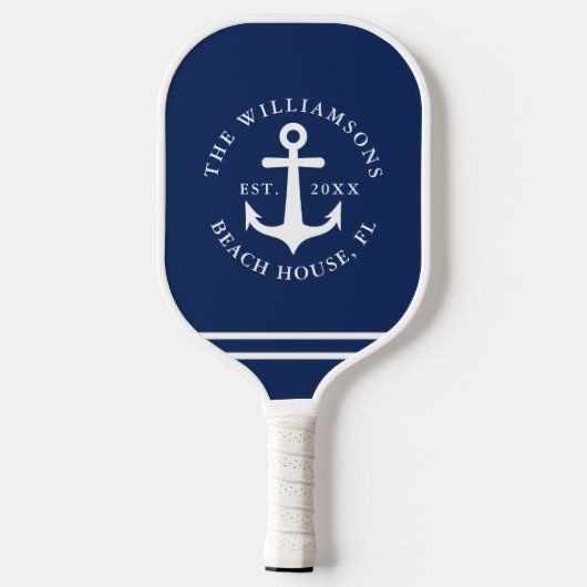 Nautical Anchor Navy Blue White Beach House Pickleball Paddle (Achterkant)