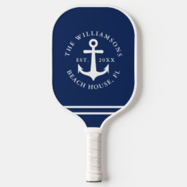 Nautical Anchor Navy Blue White Beach House Pickleball Paddle