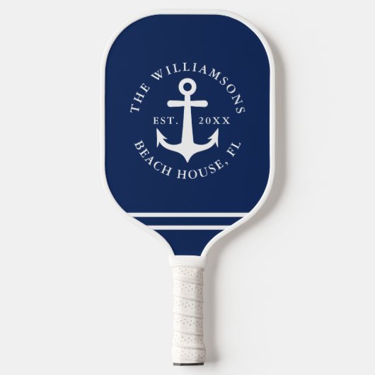 Nautical Anchor Navy Blue White Beach House Pickleball Paddle (Voorkant)