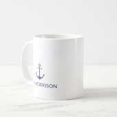 Nautical anchor navy blue white Custom Boat Name Koffiemok (Voorkant links)