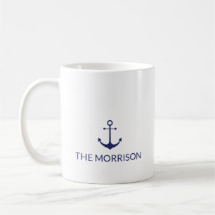 Nautical anchor navy blue white Custom Boat Name Koffiemok