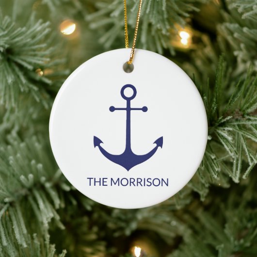 Nautical anchor navy blue white custom boot name keramisch ornament (Boom)