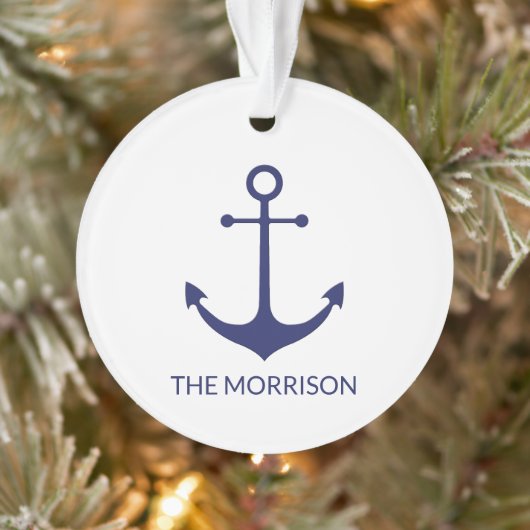 Nautical anchor navy blue white custom boot name ornament (Boom)