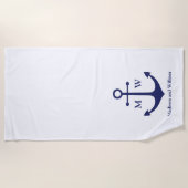 Nautical anchor navy blue white custom monogram strandlaken (Voorkant)