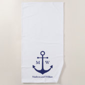 Nautical anchor navy blue white custom monogram strandlaken (Voorkant)