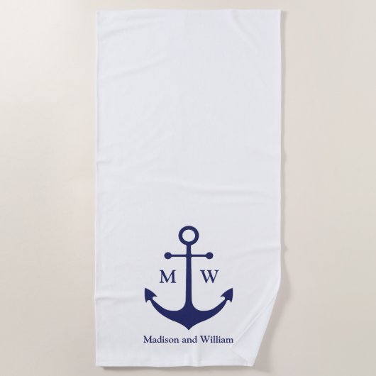 Nautical anchor navy blue white custom monogram strandlaken (Voorkant)