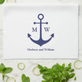 Nautical anchor navy blue white custom monogram theedoek (Gevouwen)