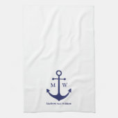 Nautical anchor navy blue white custom monogram theedoek (Verticaal)