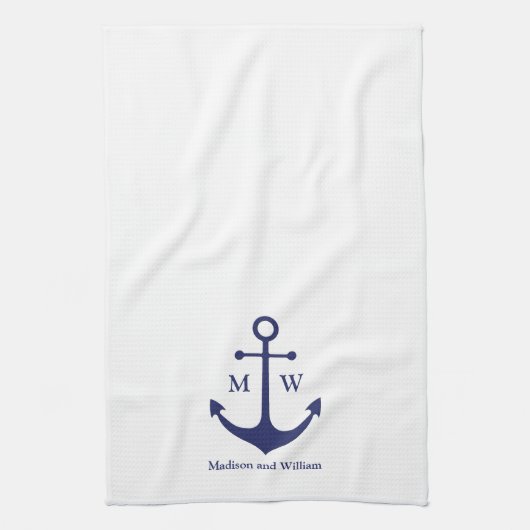 Nautical anchor navy blue white custom monogram theedoek (Verticaal)