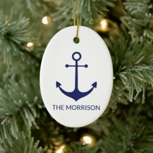Nautical anchor navy blue white custom name name keramisch ornament