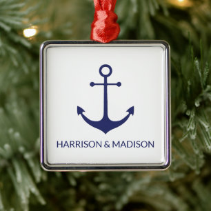 Nautical anchor navy blue white custom name name metalen ornament