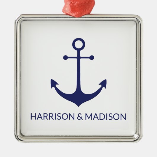 Nautical anchor navy blue white custom name name metalen ornament (Voorkant)