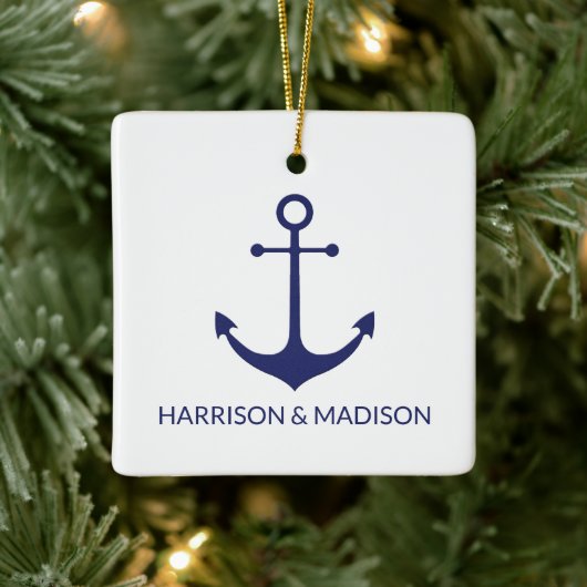 Nautical anchor navy blue white custom names keramisch ornament (Boom)