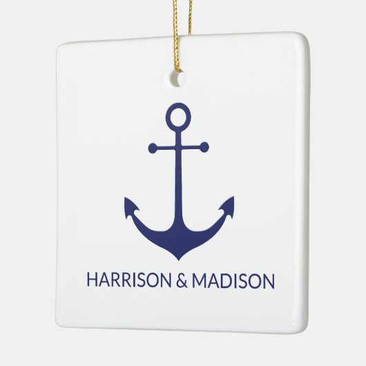 Nautical anchor navy blue white custom names keramisch ornament (Links)