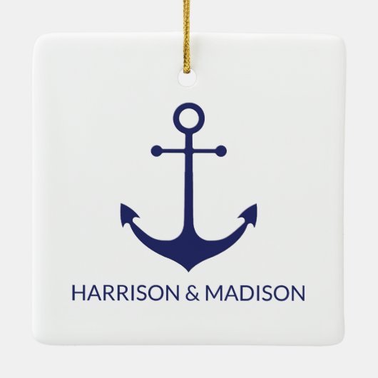 Nautical anchor navy blue white custom names keramisch ornament (Achterkant)