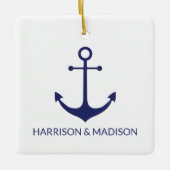 Nautical anchor navy blue white custom names keramisch ornament (Voorkant)
