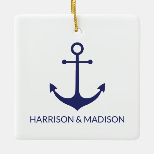 Nautical anchor navy blue white custom names keramisch ornament (Voorkant)