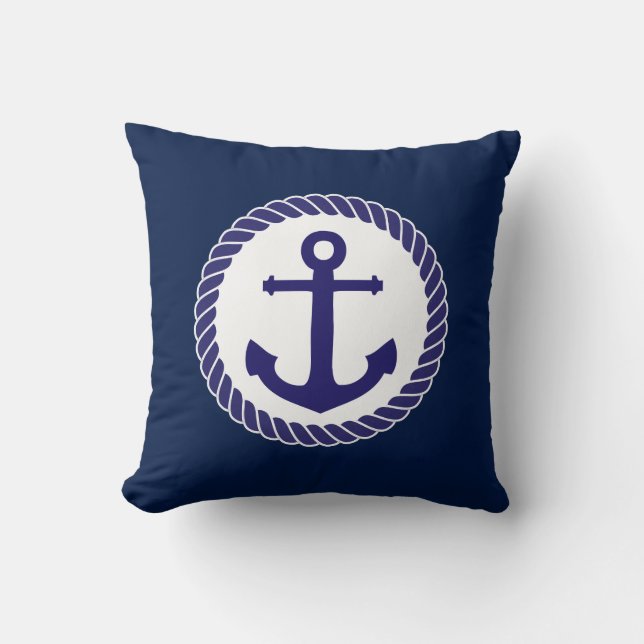 Nautical Anchor Navy Blue White Kussen (Voorkant)
