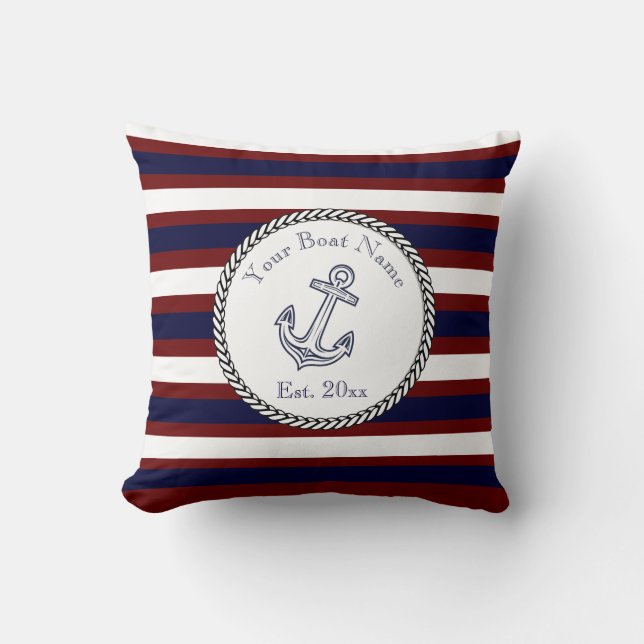 Nautical Anchor Navy Blue White Maroon strepen Kussen (Voorkant)