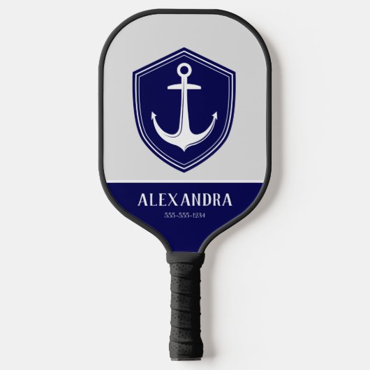 Nautical Anchor Navy Blue White Monogram Name Pickleball Paddle (Voorkant)
