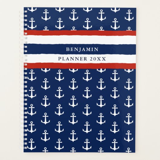 Nautical Anchor Navy Blue White Red Custom 2023 Planner (Voorkant)