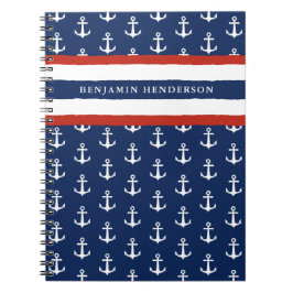 Nautical Anchor Navy Blue White Red Naam Notitieboek