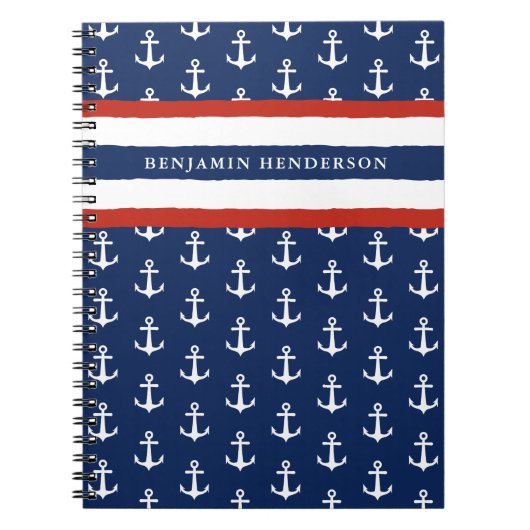 Nautical Anchor Navy Blue White Red Naam Notitieboek (Voorkant)