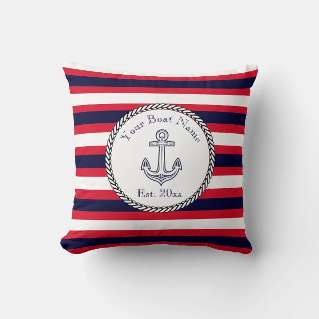 Nautical Anchor Navy Blue White Red strepen Drow Kussen (Voorkant)