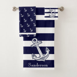 Nautical Anchor Navy Blue White strepen Bad Handdoek