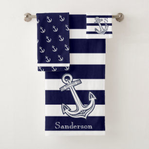 Nautical Anchor Navy Blue White strepen Bad Handdoek