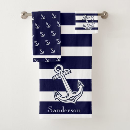 Nautical Anchor Navy Blue White strepen Bad Handdoek (Insitu)