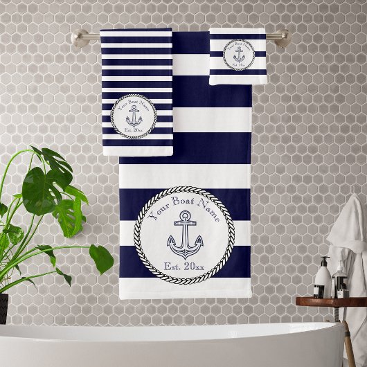 Nautical Anchor Navy Blue White strepen Bath Bat Bad Handdoek