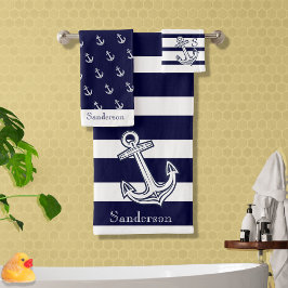 Nautical Anchor Navy Blue White strepen om Bad Handdoek