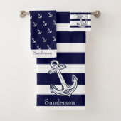 Nautical Anchor Navy Blue White strepen om Bad Handdoek (Insitu)