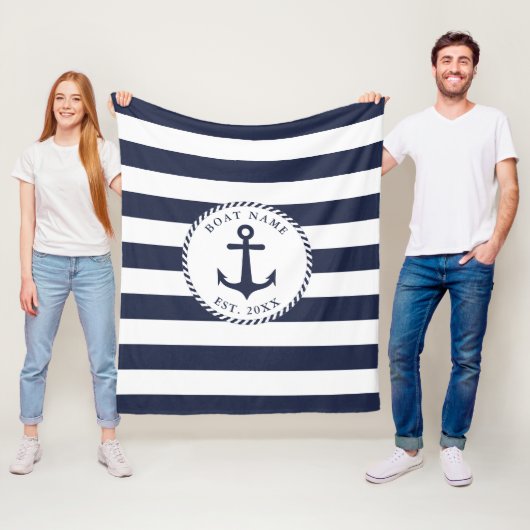 Nautical Anchor Navy Blue White Stripes Boat Name Fleece Deken (In situ)