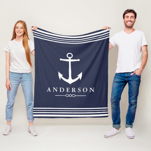 Nautical Anchor Navy Blue & White Stripes Fleece Deken (In situ)