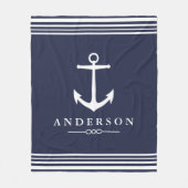 Nautical Anchor Navy Blue & White Stripes Fleece Deken (Voorkant)