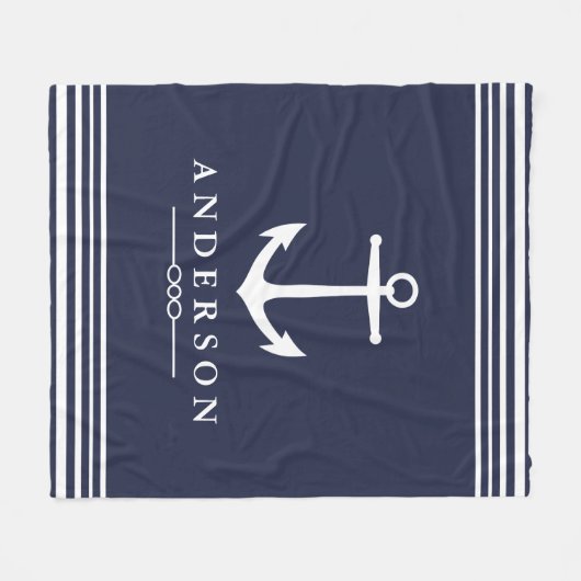 Nautical Anchor Navy Blue & White Stripes Fleece Deken (Voorkant (Horizontaal))