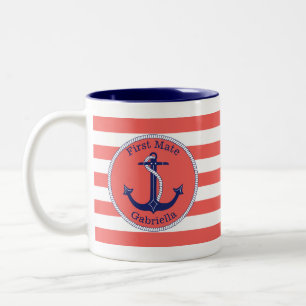Nautical Anchor Navy Coral First Mate, gepersonali Tweekleurige Koffiemok
