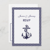 Nautical Anchor Navy Diag Stripe 2 RSVP 1 Uitnodiging Briefkaart (Voorkant / Achterkant)