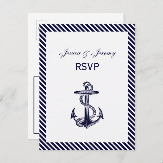 Nautical Anchor Navy Diag Stripe 2 RSVP 1 Uitnodiging Briefkaart (Voorkant / Achterkant)