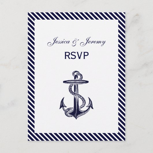Nautical Anchor Navy Diag Stripe 2 RSVP 1 Uitnodiging Briefkaart (Voorkant)