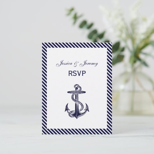 Nautical Anchor Navy Diag Stripe 2 RSVP 1 Uitnodiging Briefkaart (Staand voorkant)