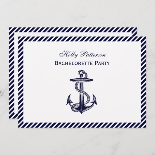 Nautical Anchor Navy Diag Stripe 2H Bachelorette Kaart (Voorkant / Achterkant)