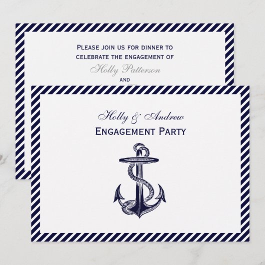 Nautical Anchor Navy Diag Stripe 2H Verloving Kaart (Voorkant / Achterkant)