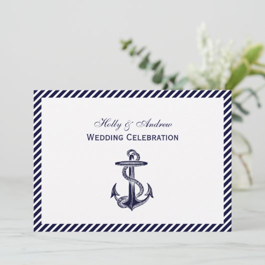 Nautical Anchor Navy Diag Stripe 2H Wedding Kaart (Staand voorkant)